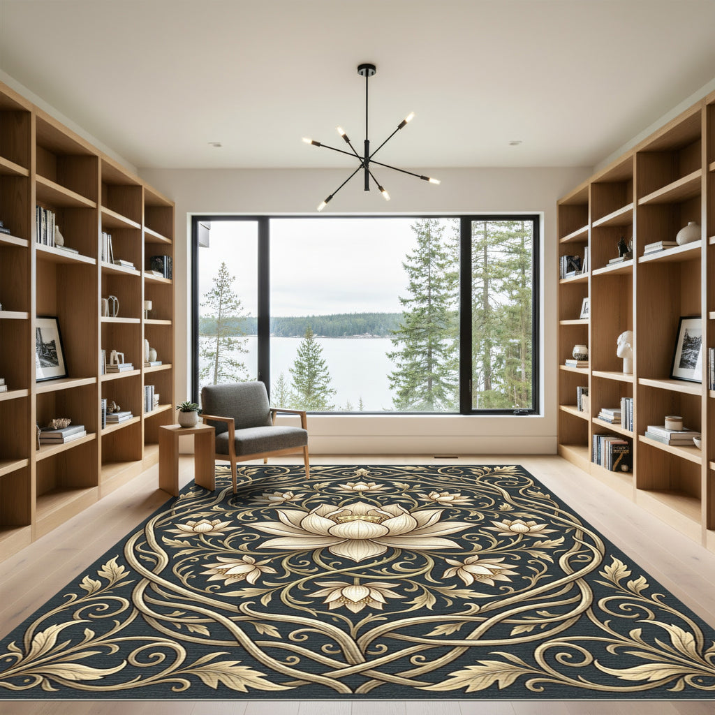 Golden Lotus Floral Scrollwork Rug