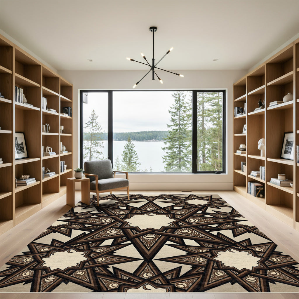 Intricate Bronze Geometric Celestial Star Rug
