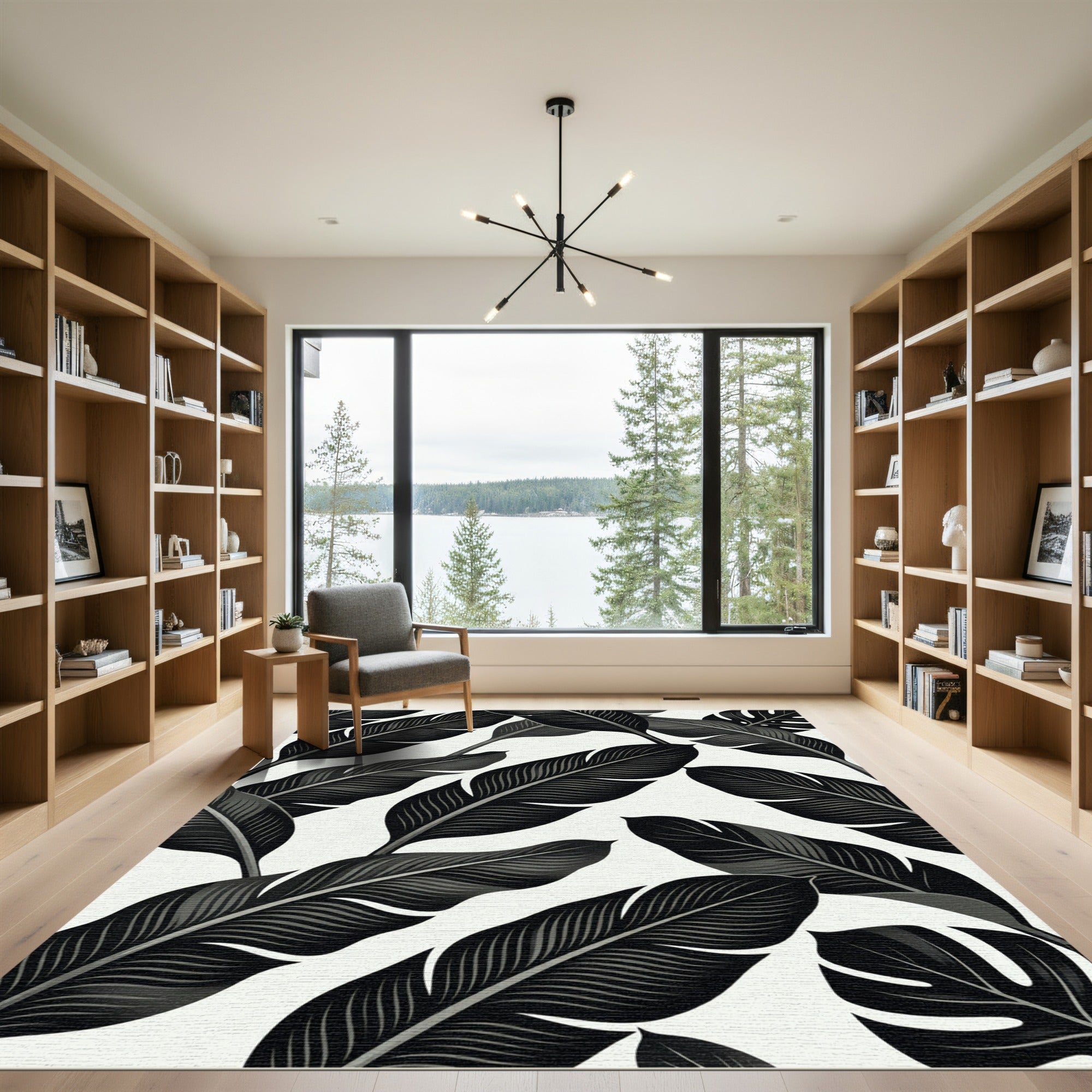 Monochrome Tropical Leaf Overlay Rug