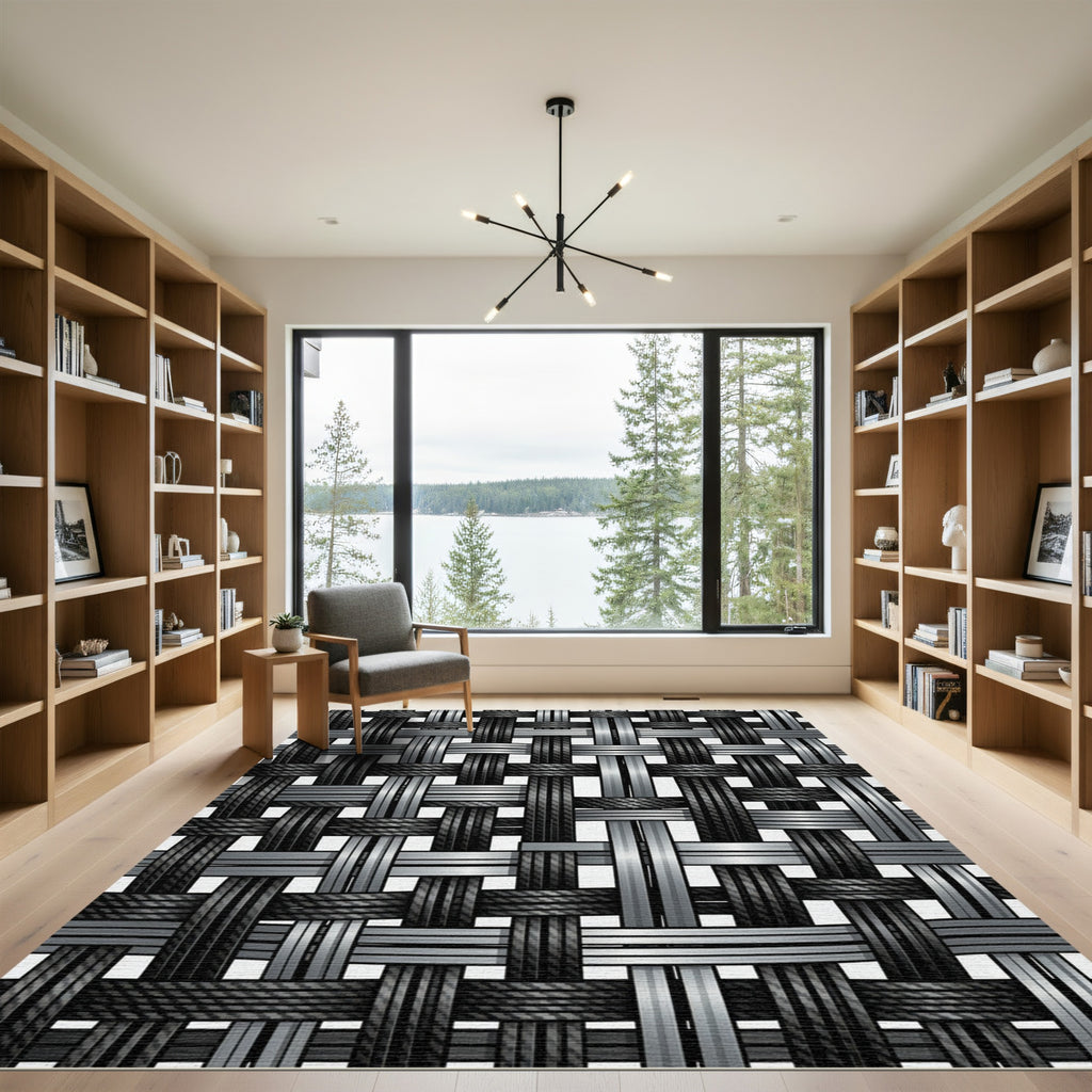 Metallic Silver Black Woven Interlace Rug