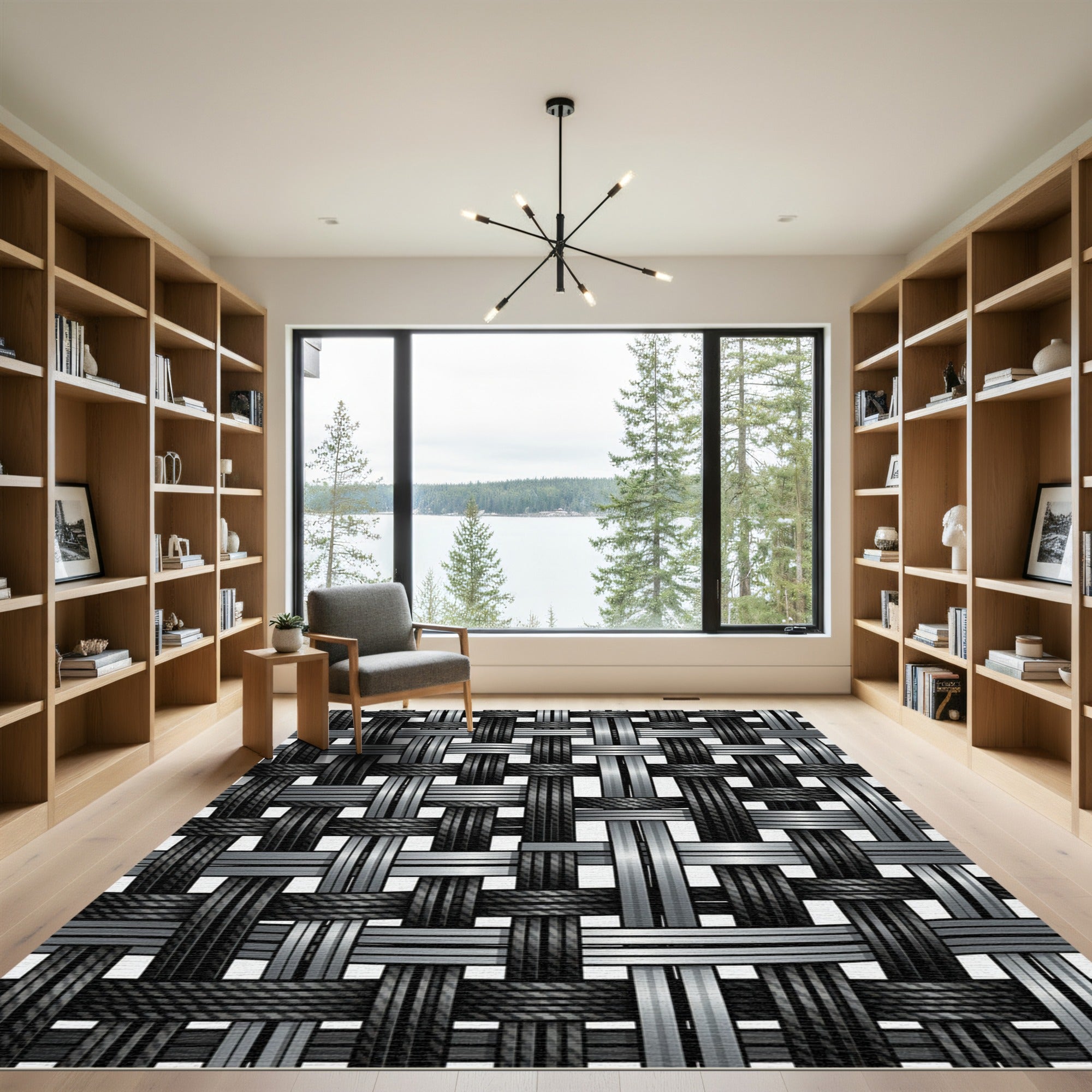 Metallic Silver Black Woven Interlace Rug