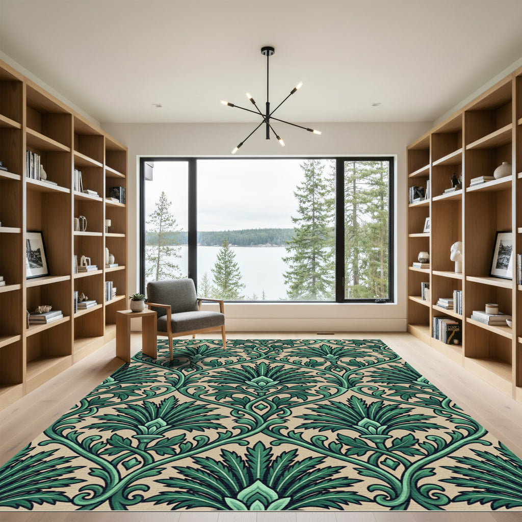Emerald Green Damask Scroll Rug