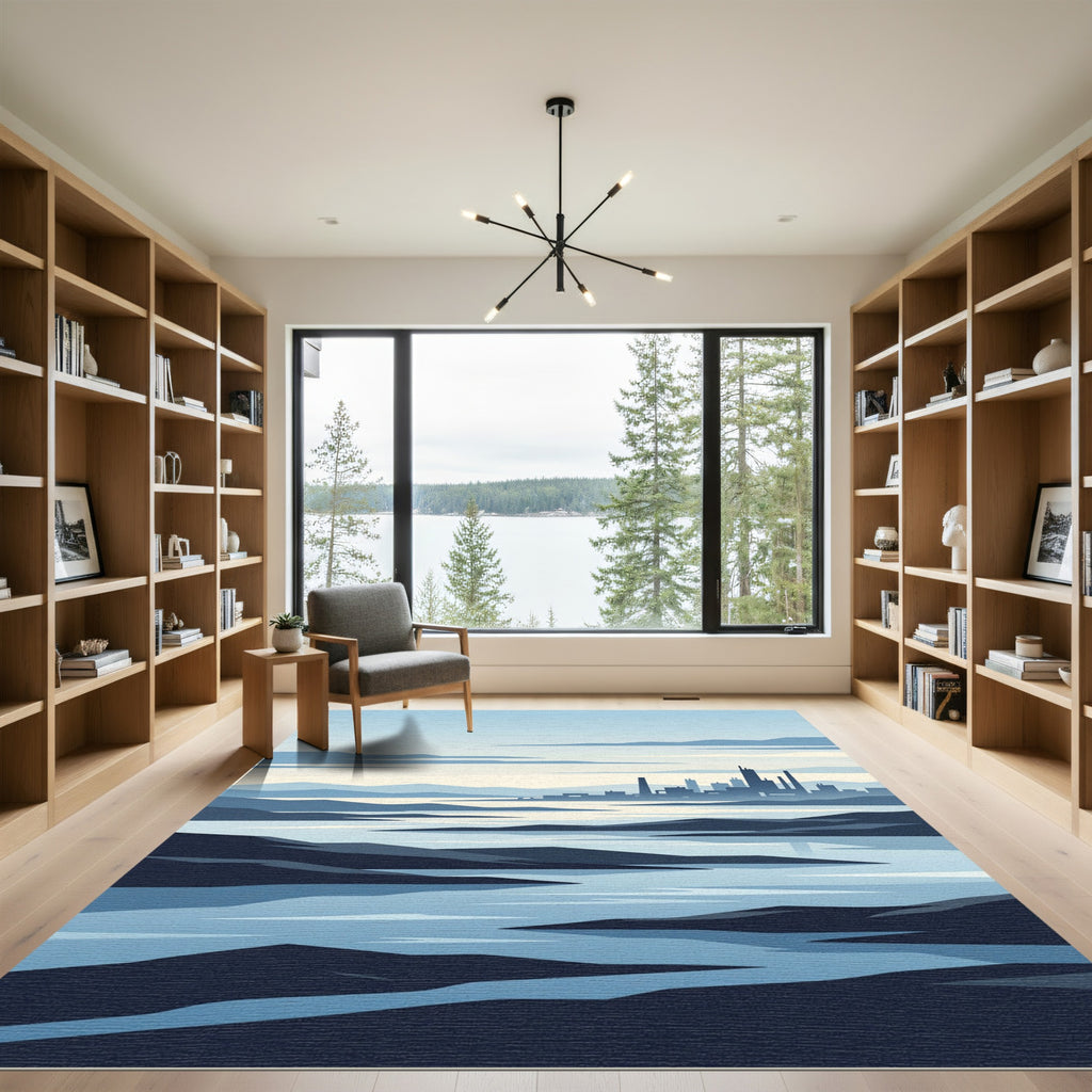 Minimalist Blue Cityscape Mountain Coastal Vista Rug