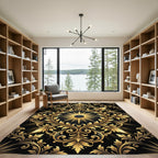 Ornate Golden Sunburst Black Filigree Rug