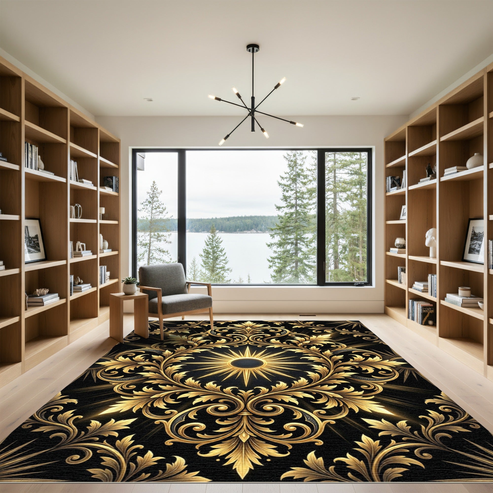 Ornate Golden Sunburst Black Filigree Rug