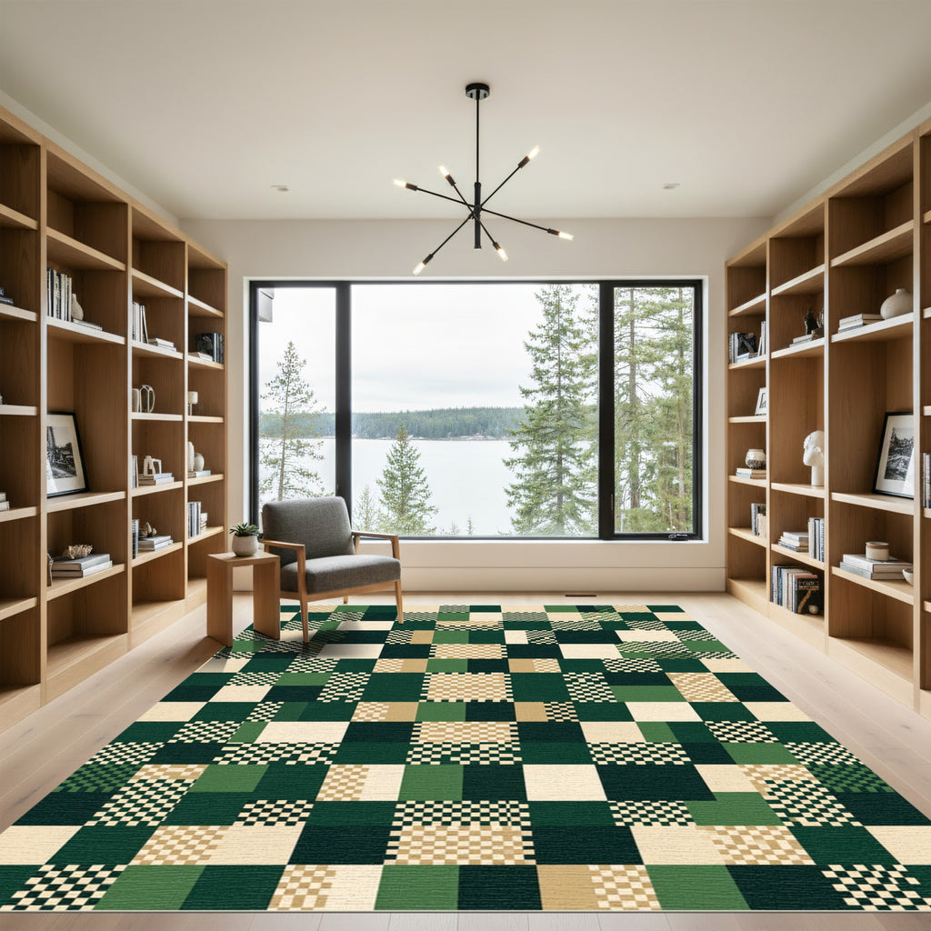 Green Beige Black Checkerboard Squares Rug