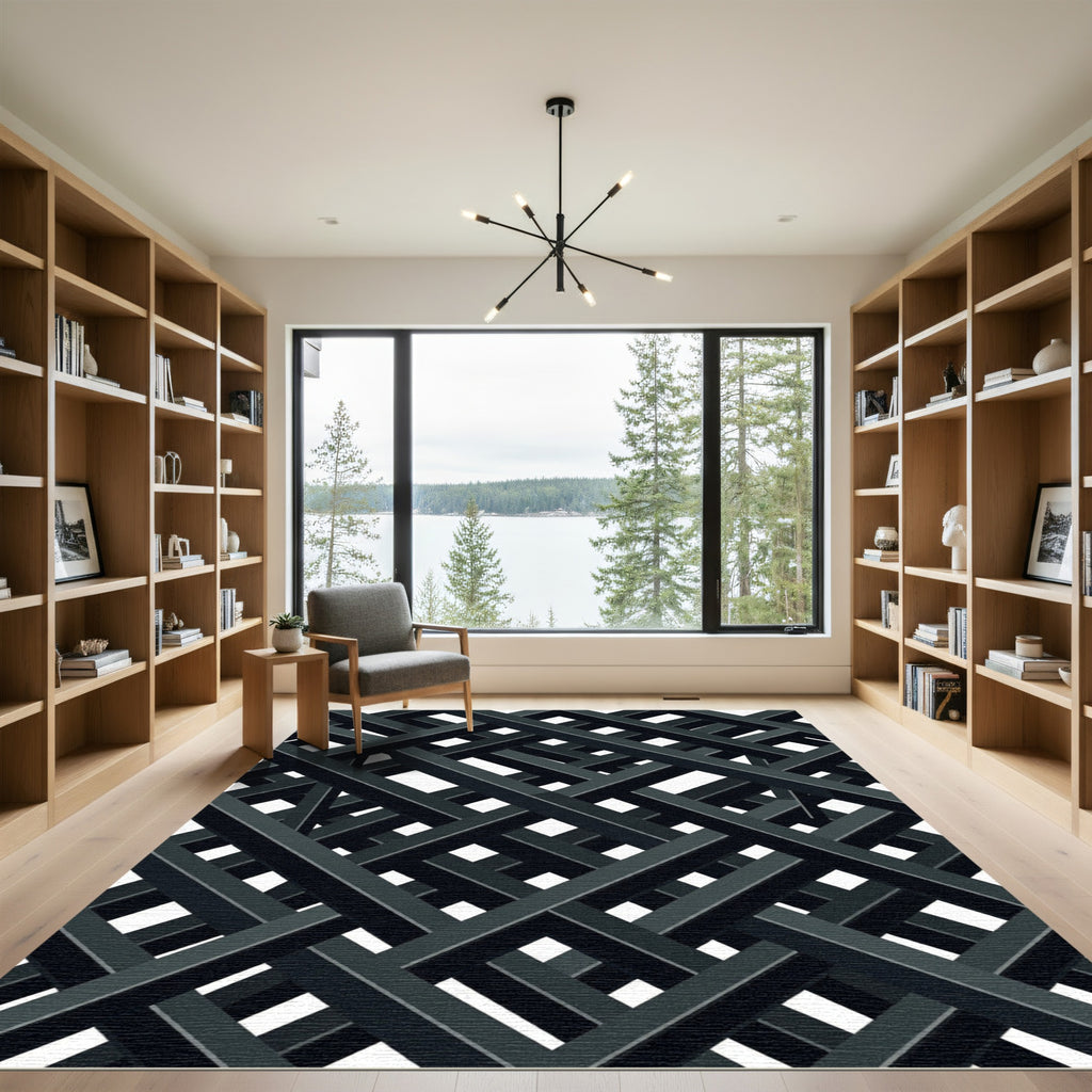 Monochromatic Charcoal Geometric Lattice Intersecting Lines Rug
