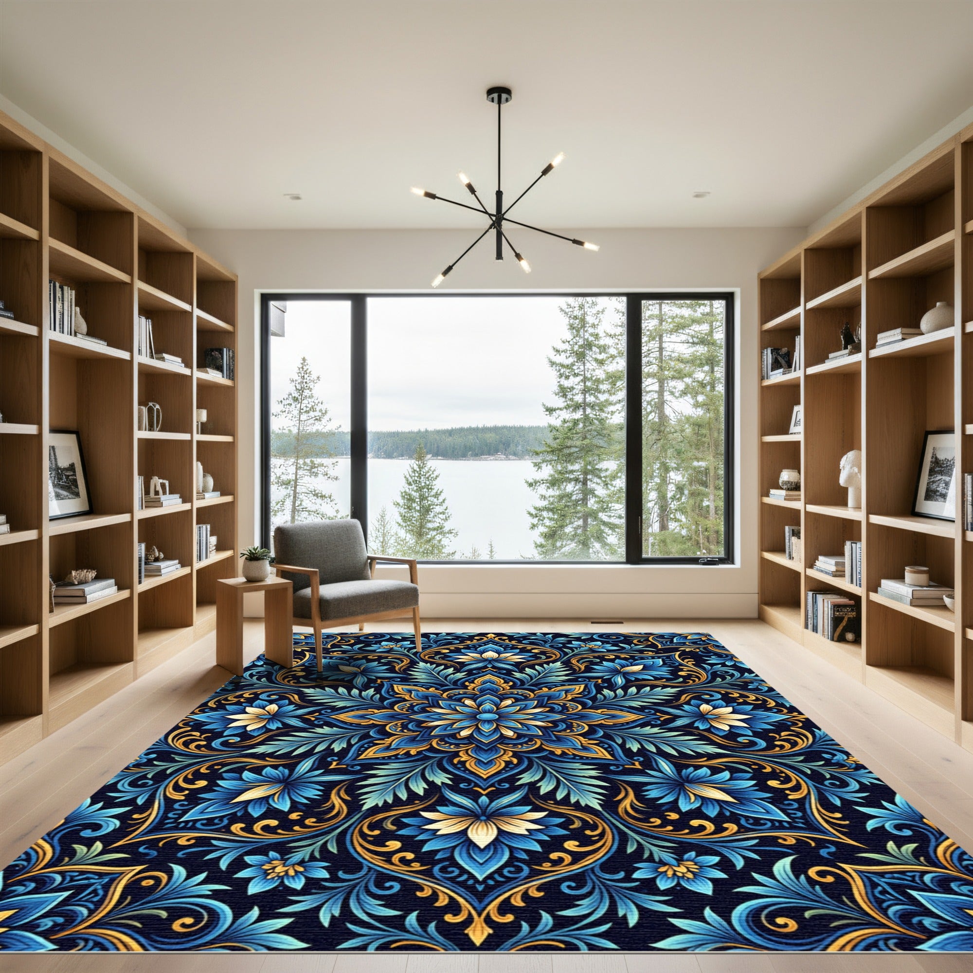 Royal Blue Floral Medallion With Gold Rug