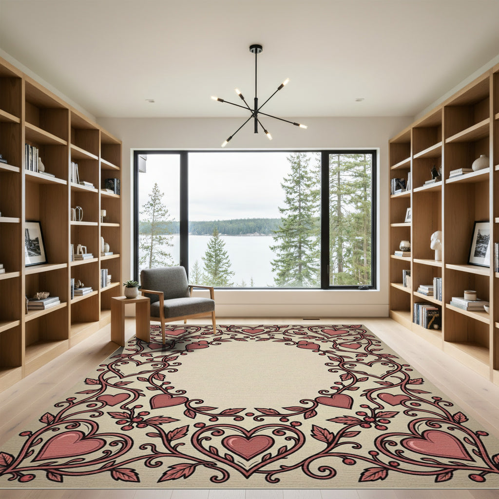 Romantic Coral Heart Vine Frame Rug