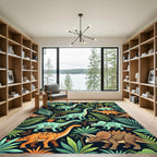 Vibrant Prehistoric Dinosaur Lush Jungle Foliage Rug