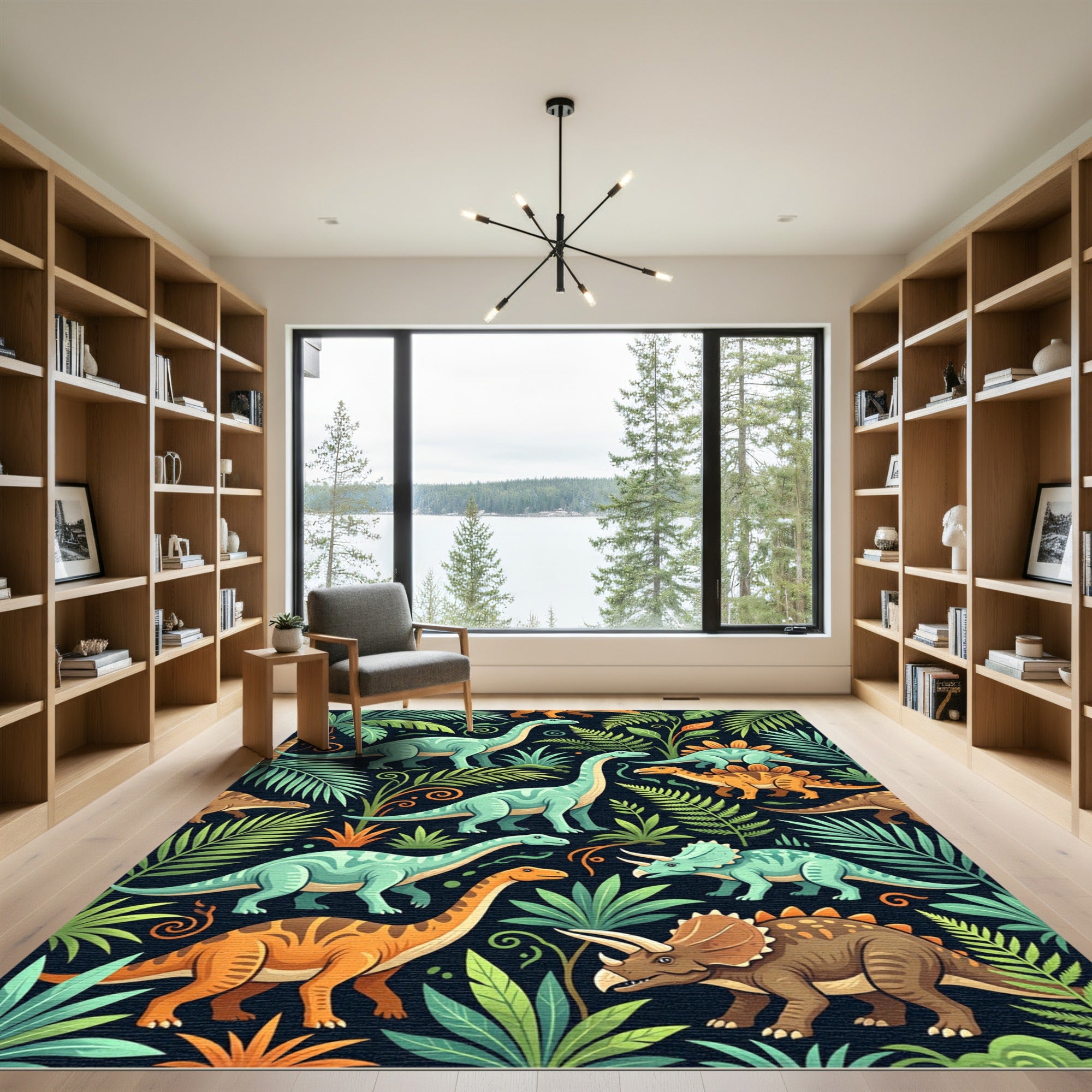 Vibrant Prehistoric Dinosaur Lush Jungle Foliage Rug