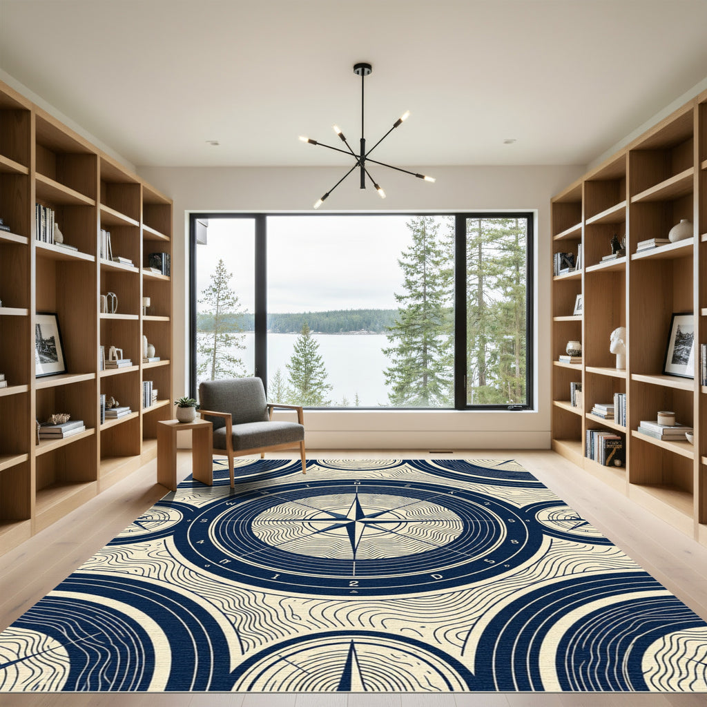 Navigational Compass Marine Blue Whirled Motif Rug
