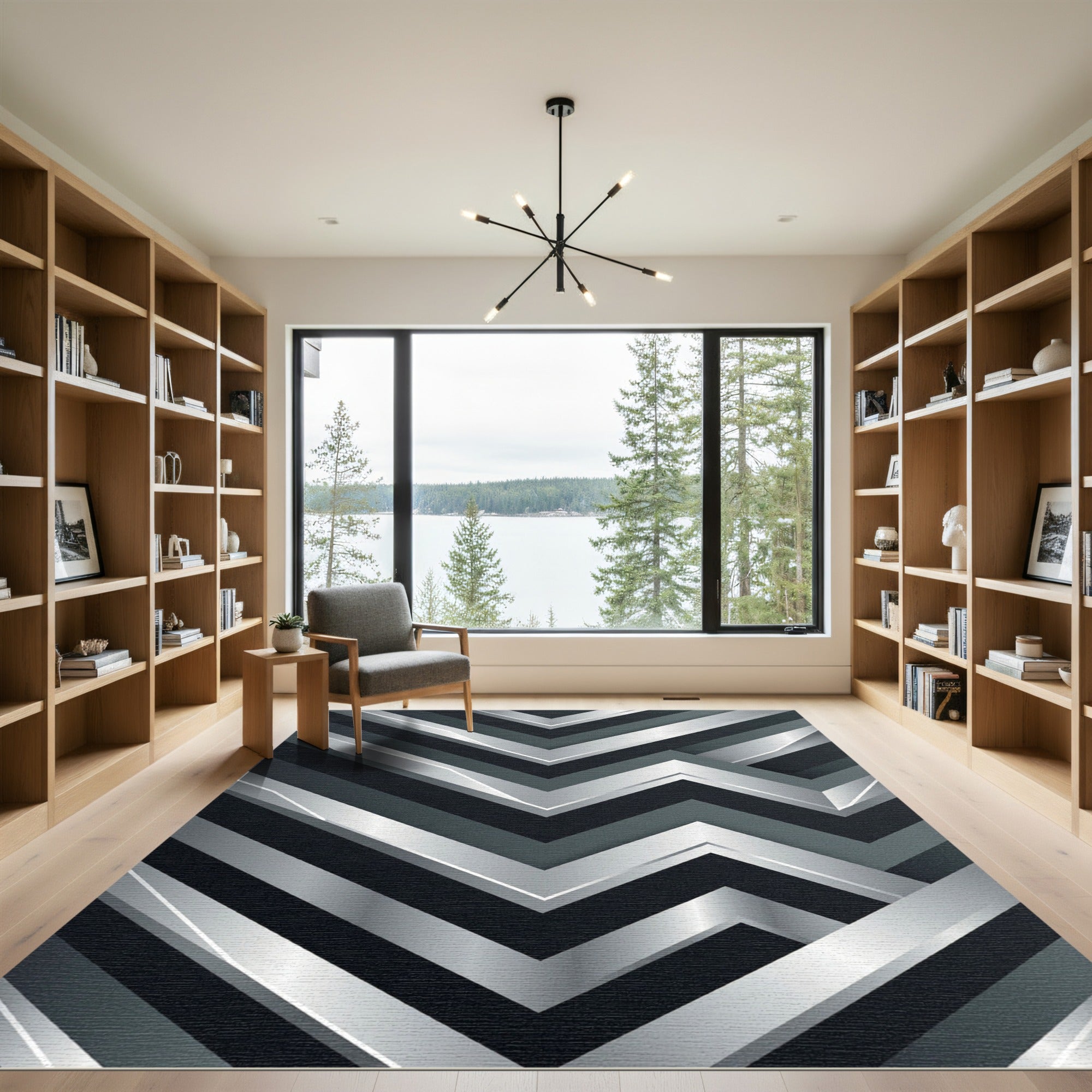 Metallic Silver Sharp Geometric Chevron Rug
