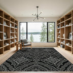 Ornate Black Gray Floral Damask Rug