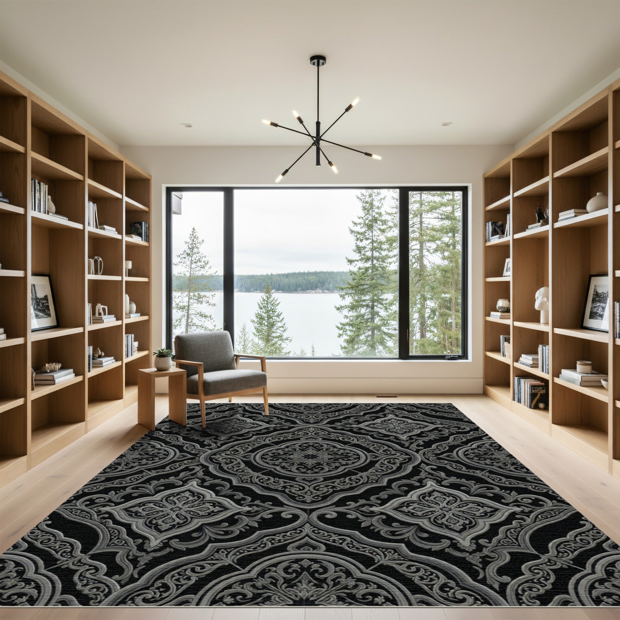 Ornate Black Gray Floral Damask Rug
