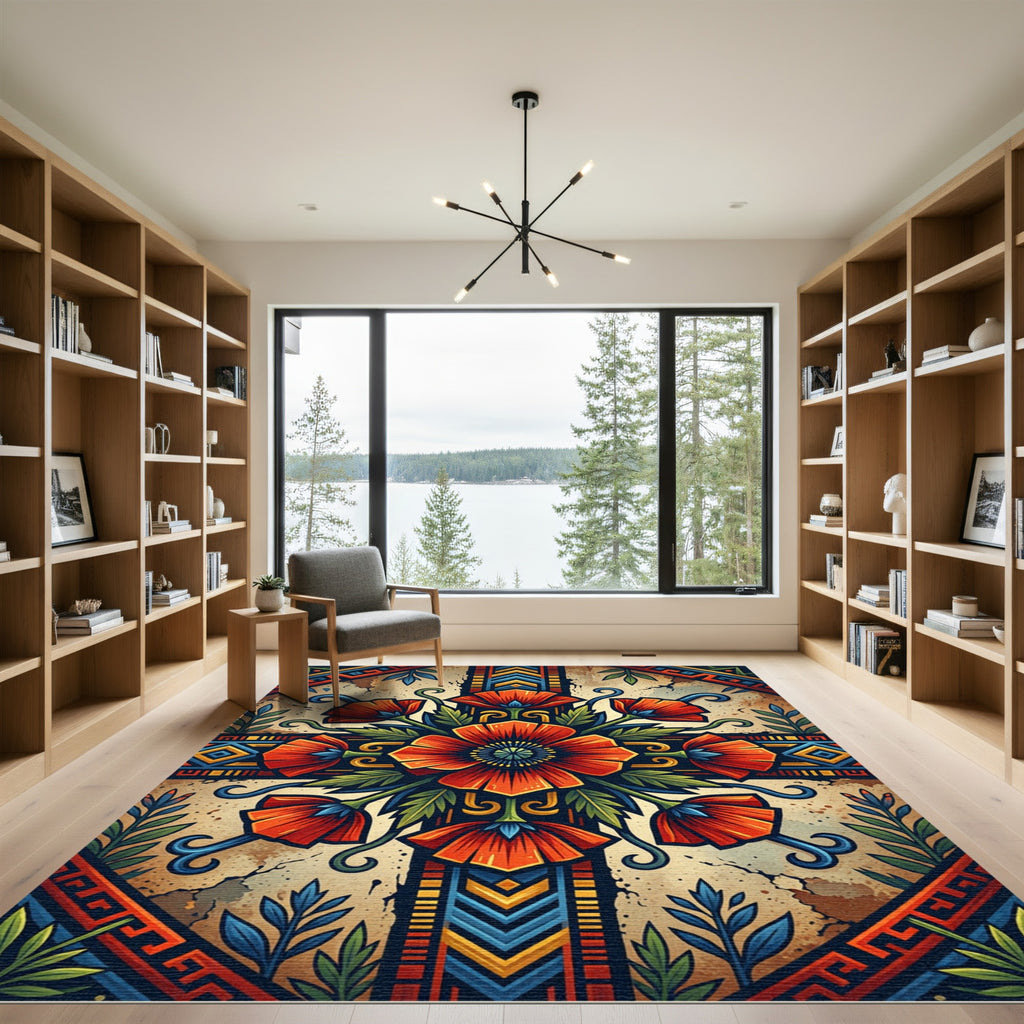 Vibrant Orange Poppy Floral Medallion Rug