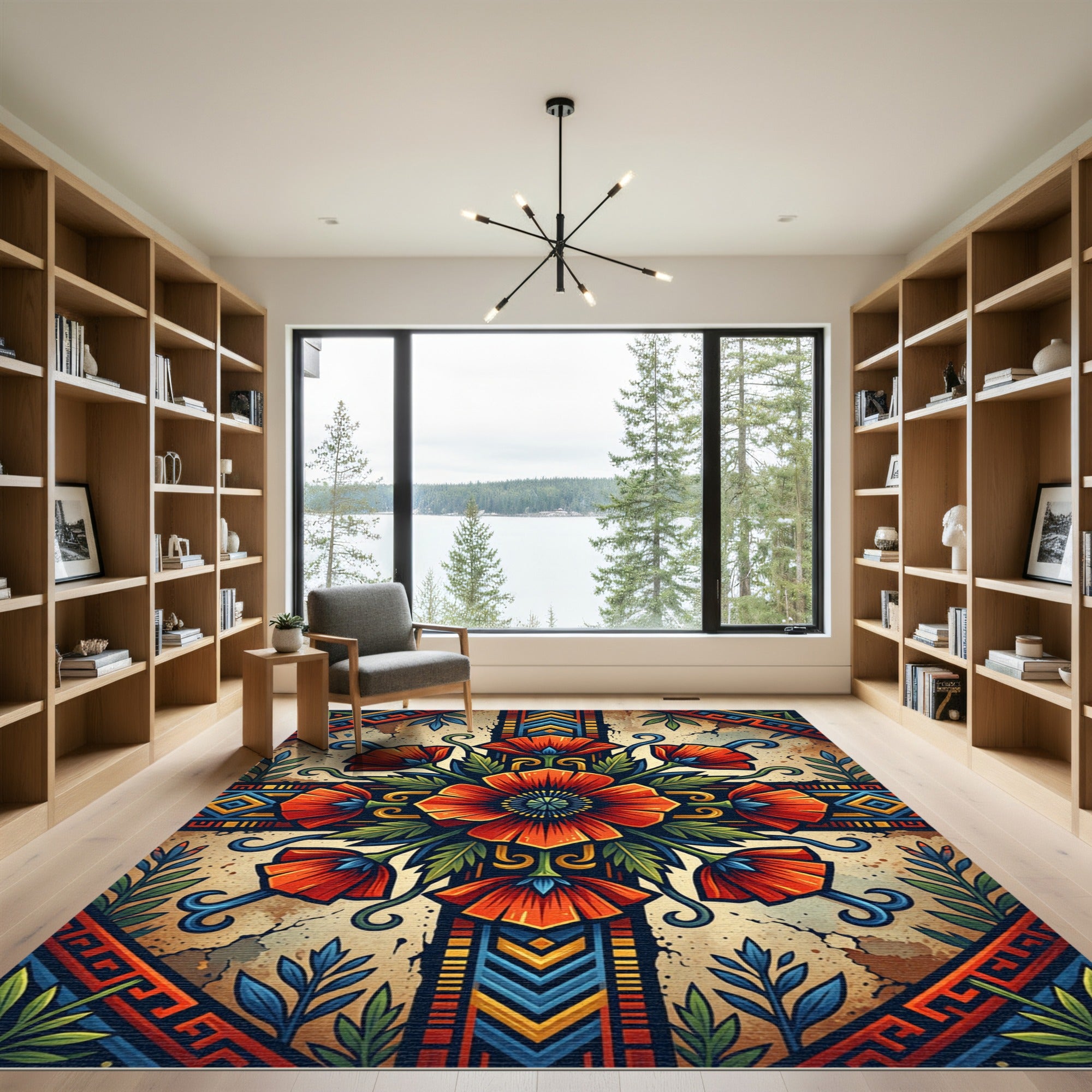 Vibrant Orange Poppy Floral Medallion Rug