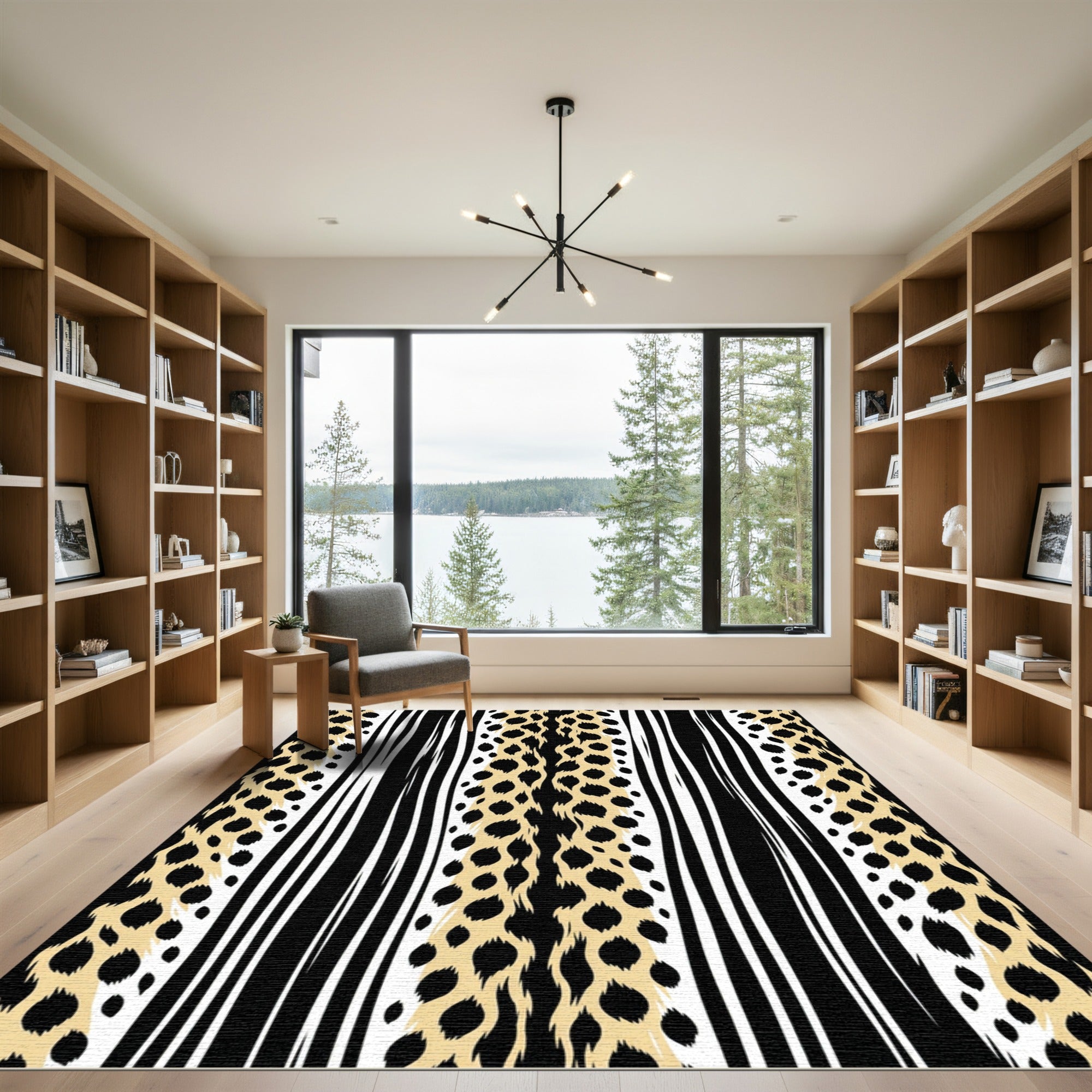 Leopard Stripe Black White Gold Accents Rug