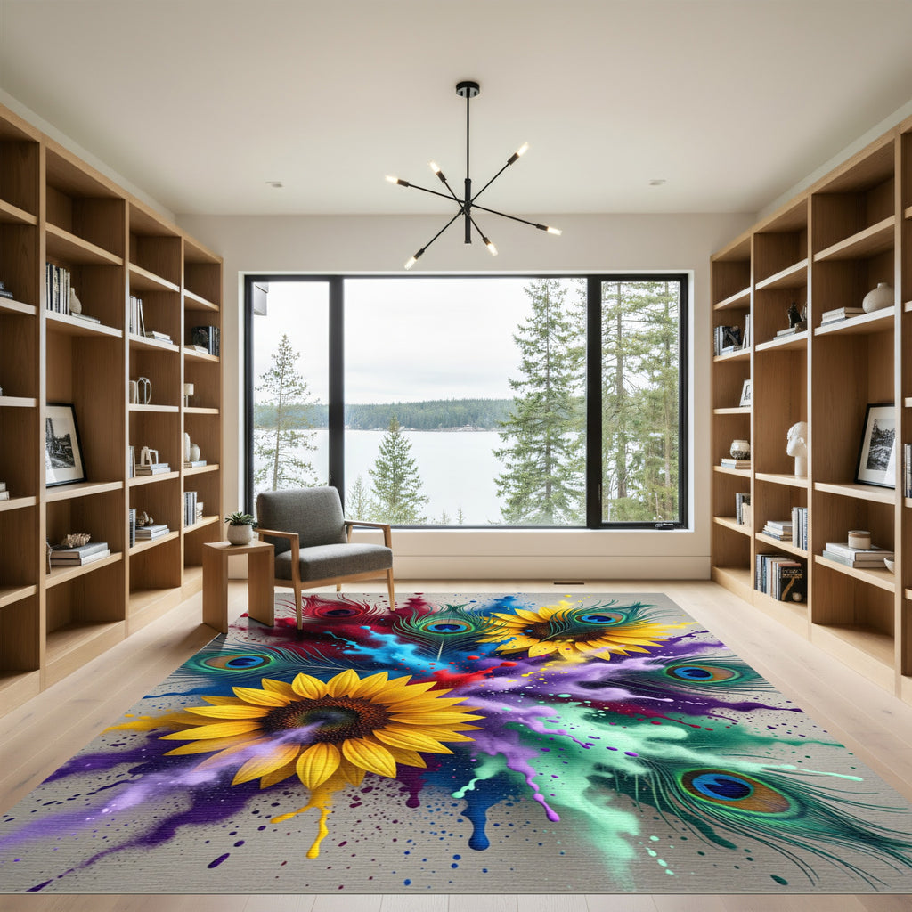 Vibrant Sunflower Peacock Feather Burst Rug