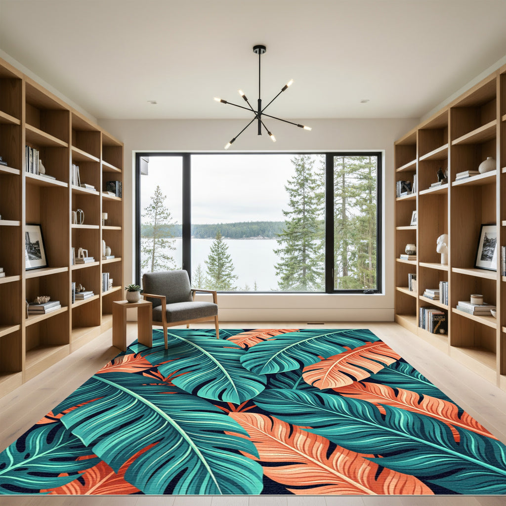 Turquoise Coral Feather Arrangement Rug