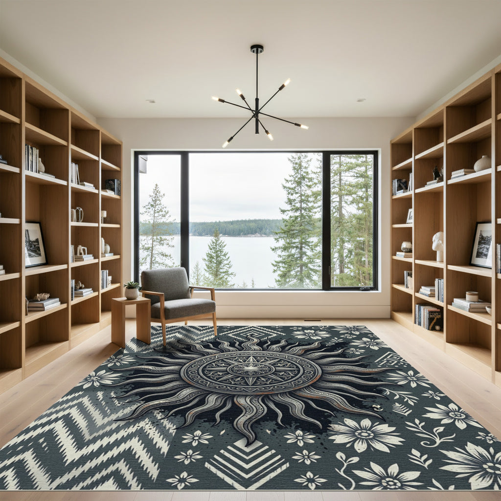 Celestial Silver Sun Medallion Monochrome Rug