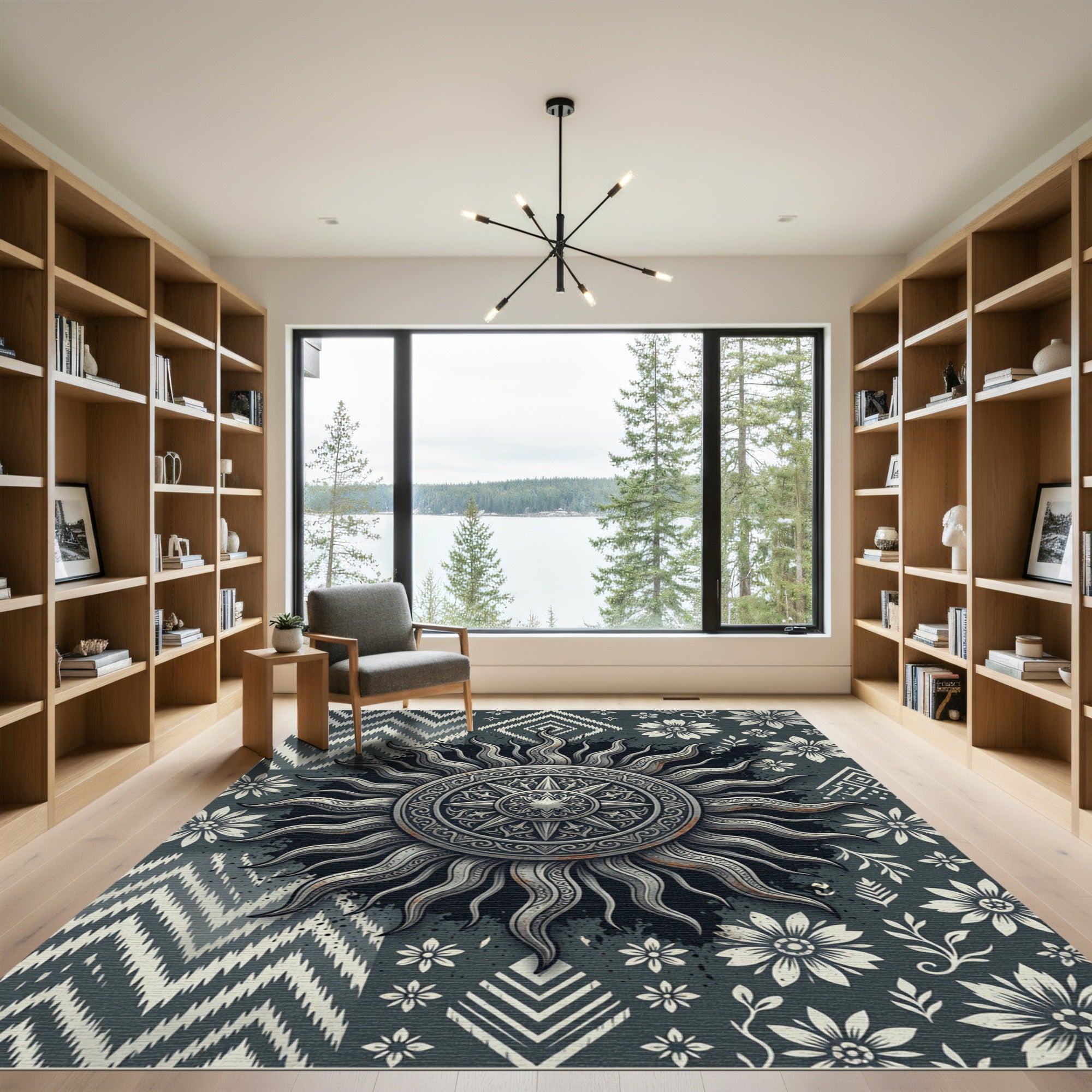 Celestial Silver Sun Medallion Monochrome Rug