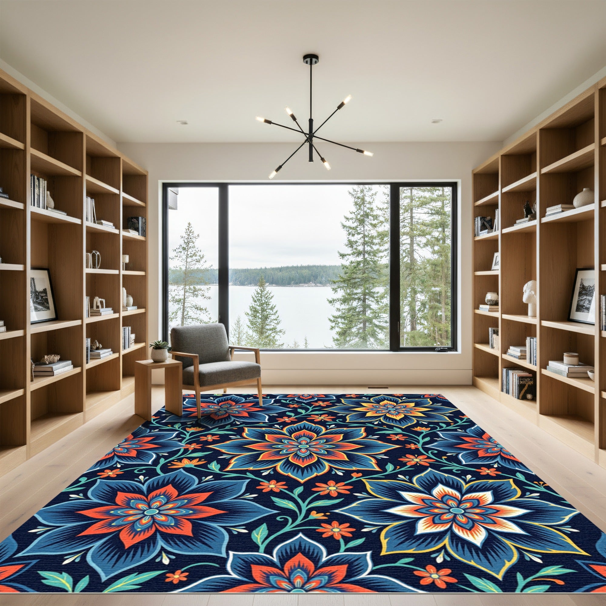 Midnight Floral Medallion with Orange Accents Rug