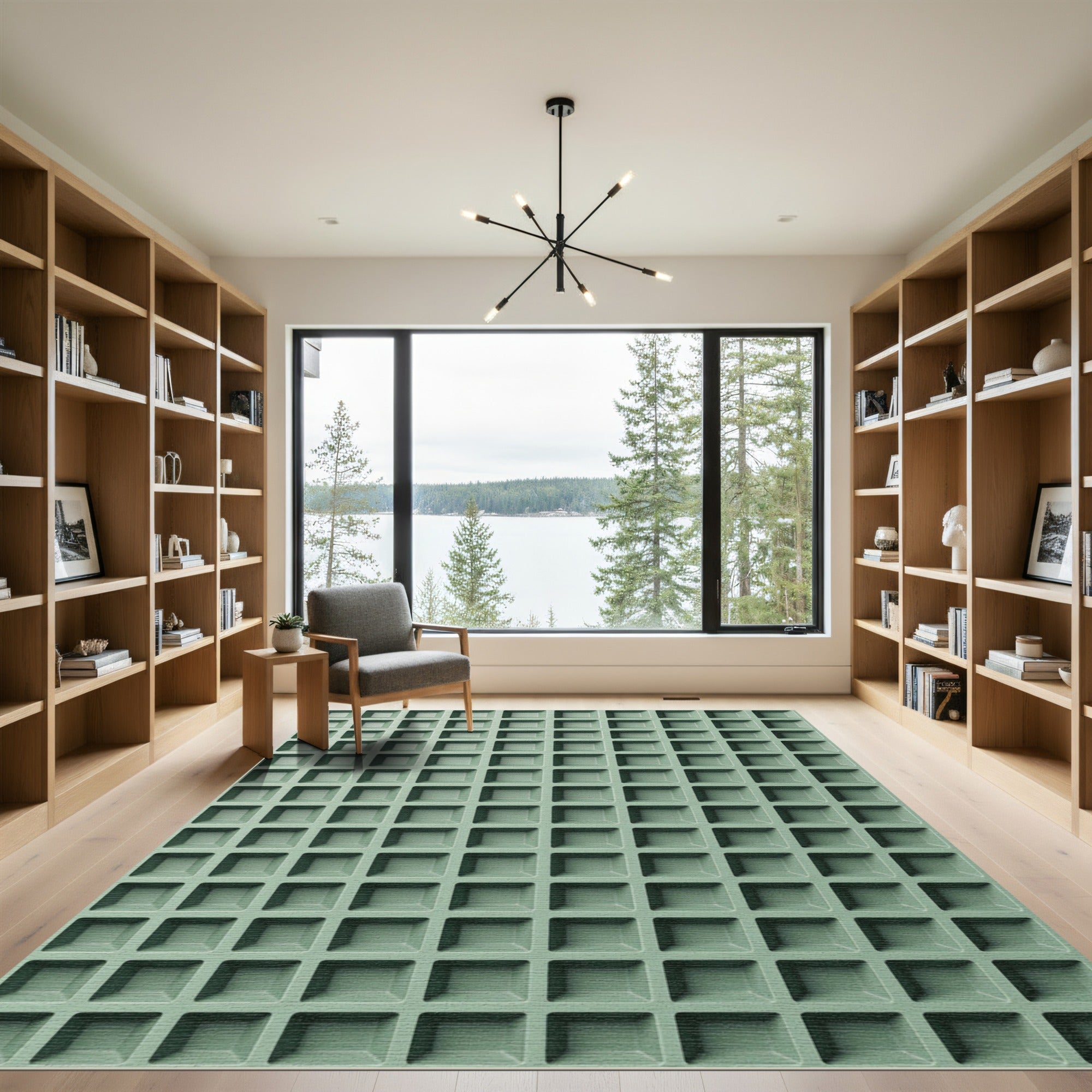 Minimalist Sage Green Grid Square Rug