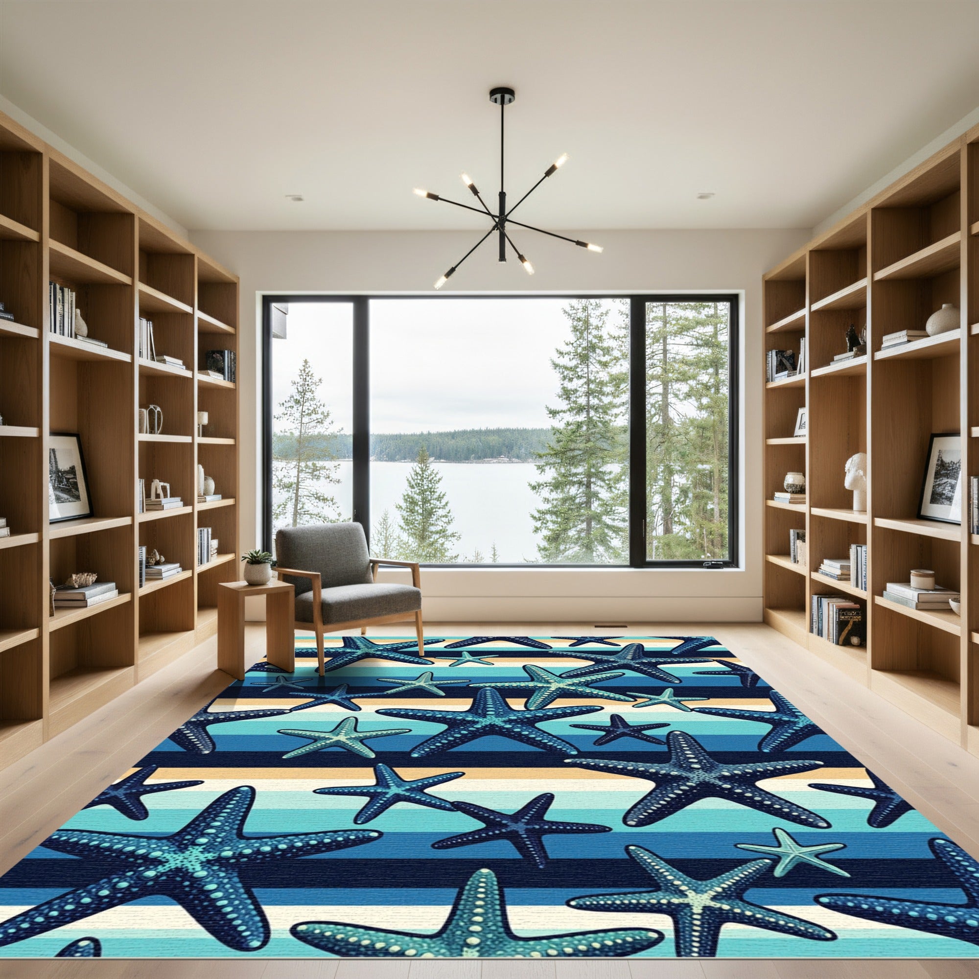 Coastal Blue Starfish Striped Rug