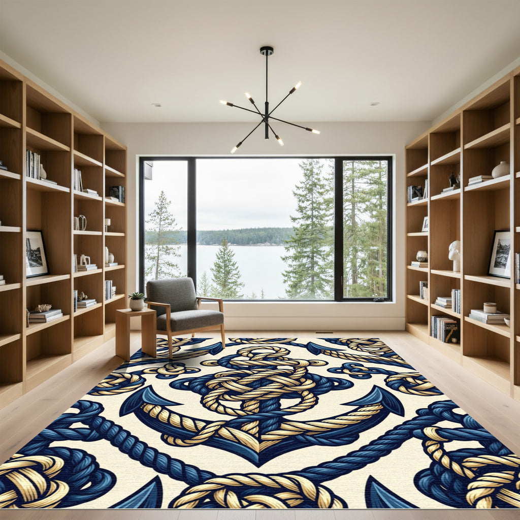 Nautical Dark Blue Anchor Rope Pattern Rug