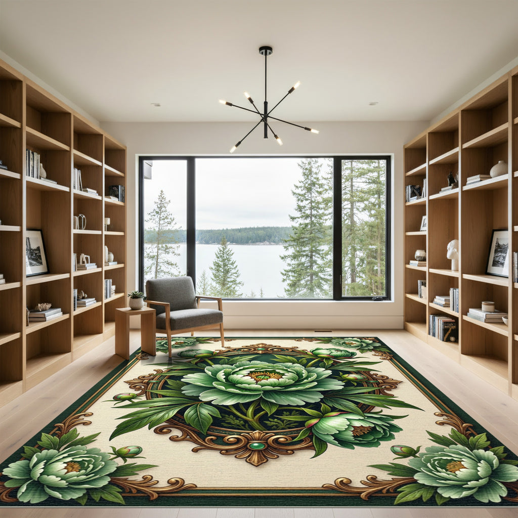 Elegant Sage Peony Ornate Framed Botanical Rug