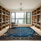 Celestial Blue Golden Mandala Medallion Rug