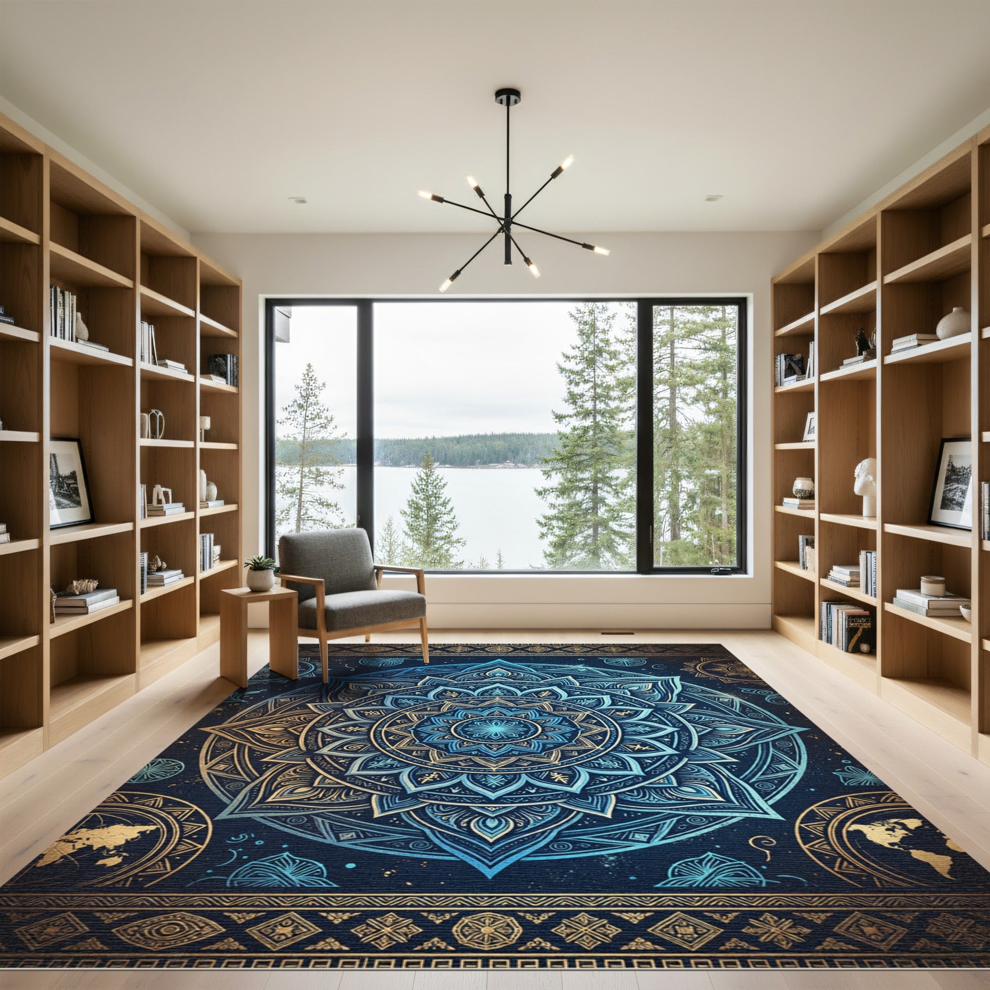 Celestial Blue Golden Mandala Medallion Rug