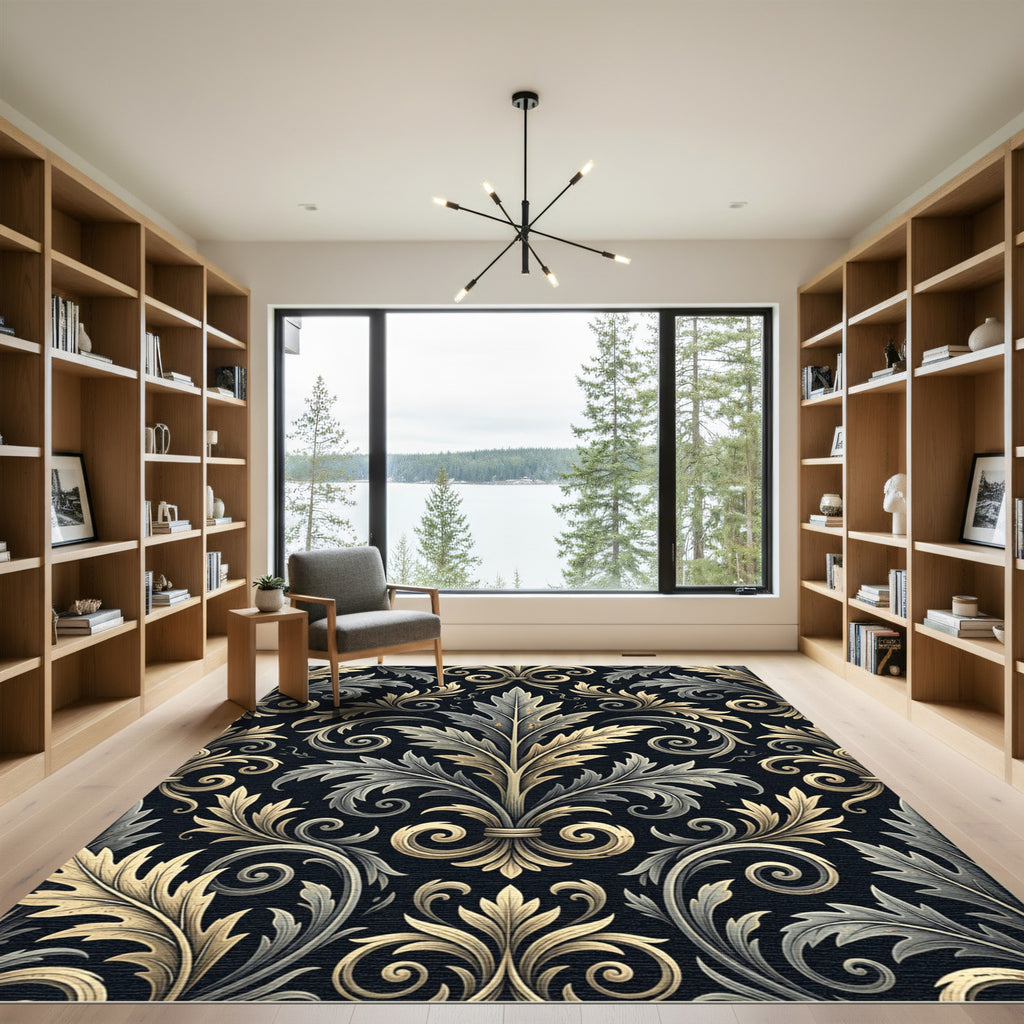 Elegant Gold and Charcoal Damask Scroll Rug