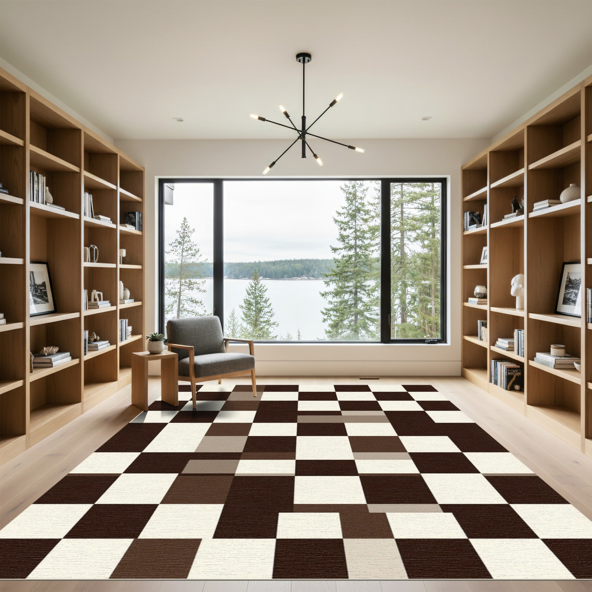 Modern Brown and White Checkered Grid Rug