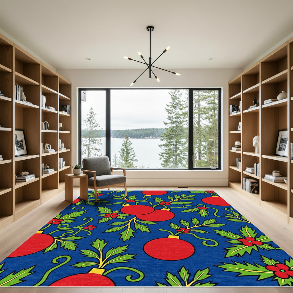 Red Ornaments Green Holly Blue Background Rug