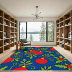 Red Ornaments Green Holly Blue Background Rug