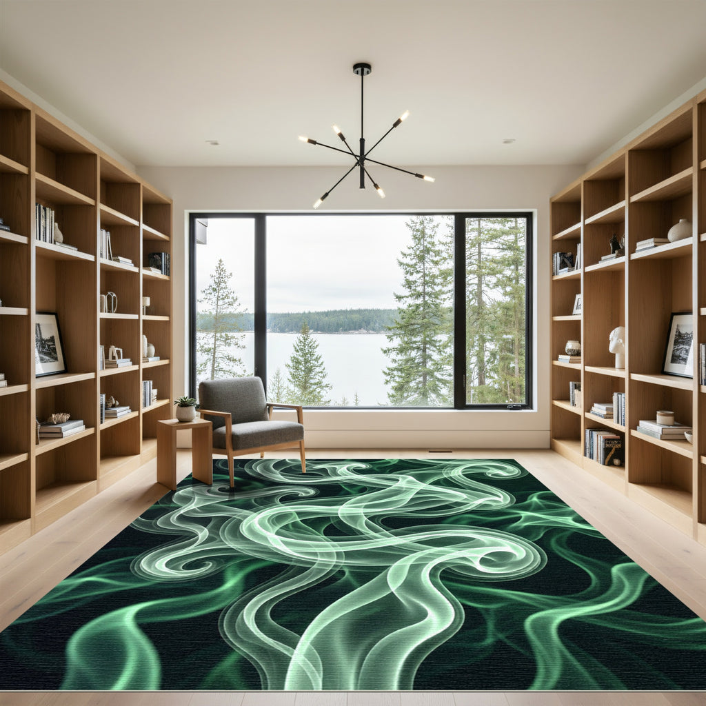 Ethereal Emerald Smoke Swirl Abstract Rug