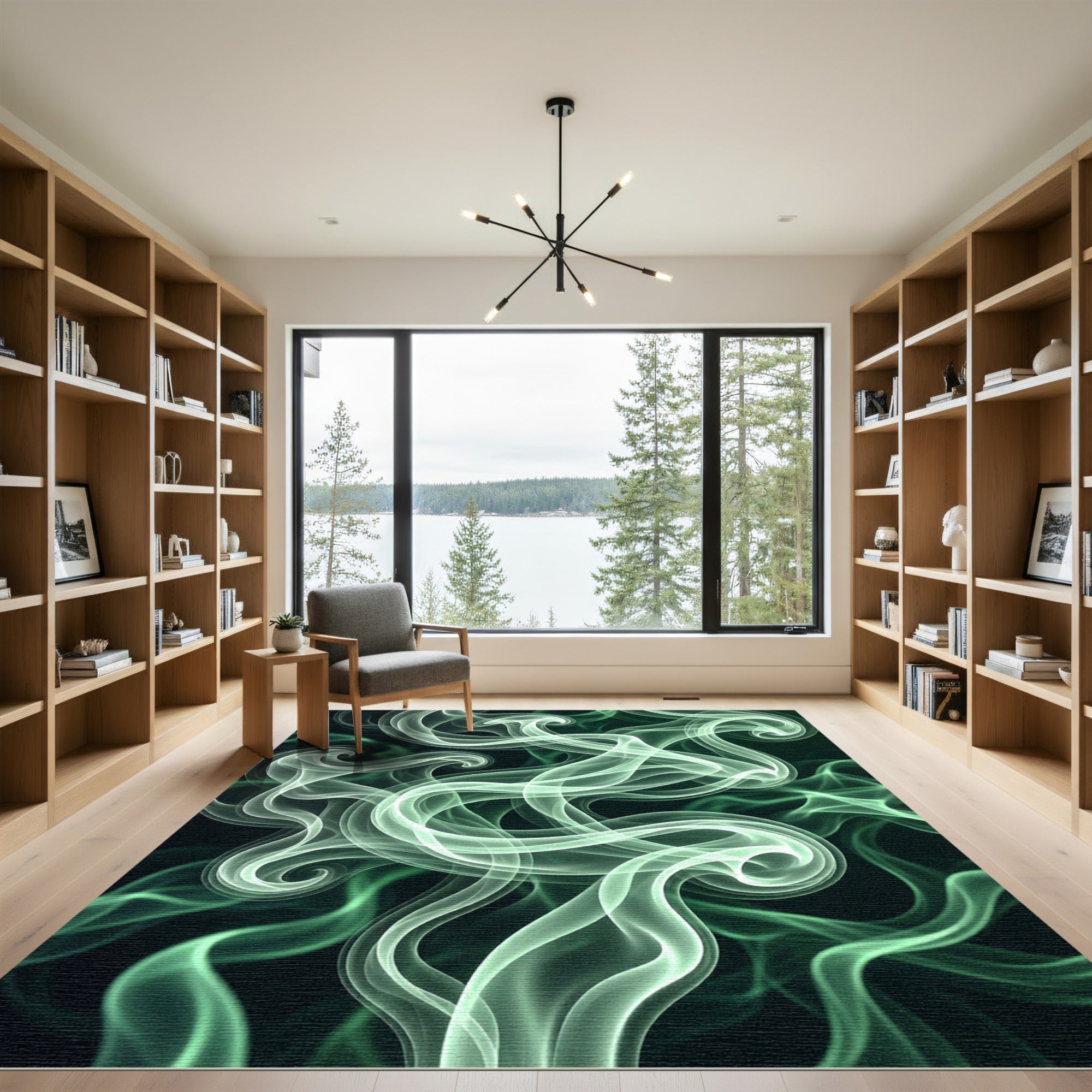 Ethereal Emerald Smoke Swirl Abstract Rug