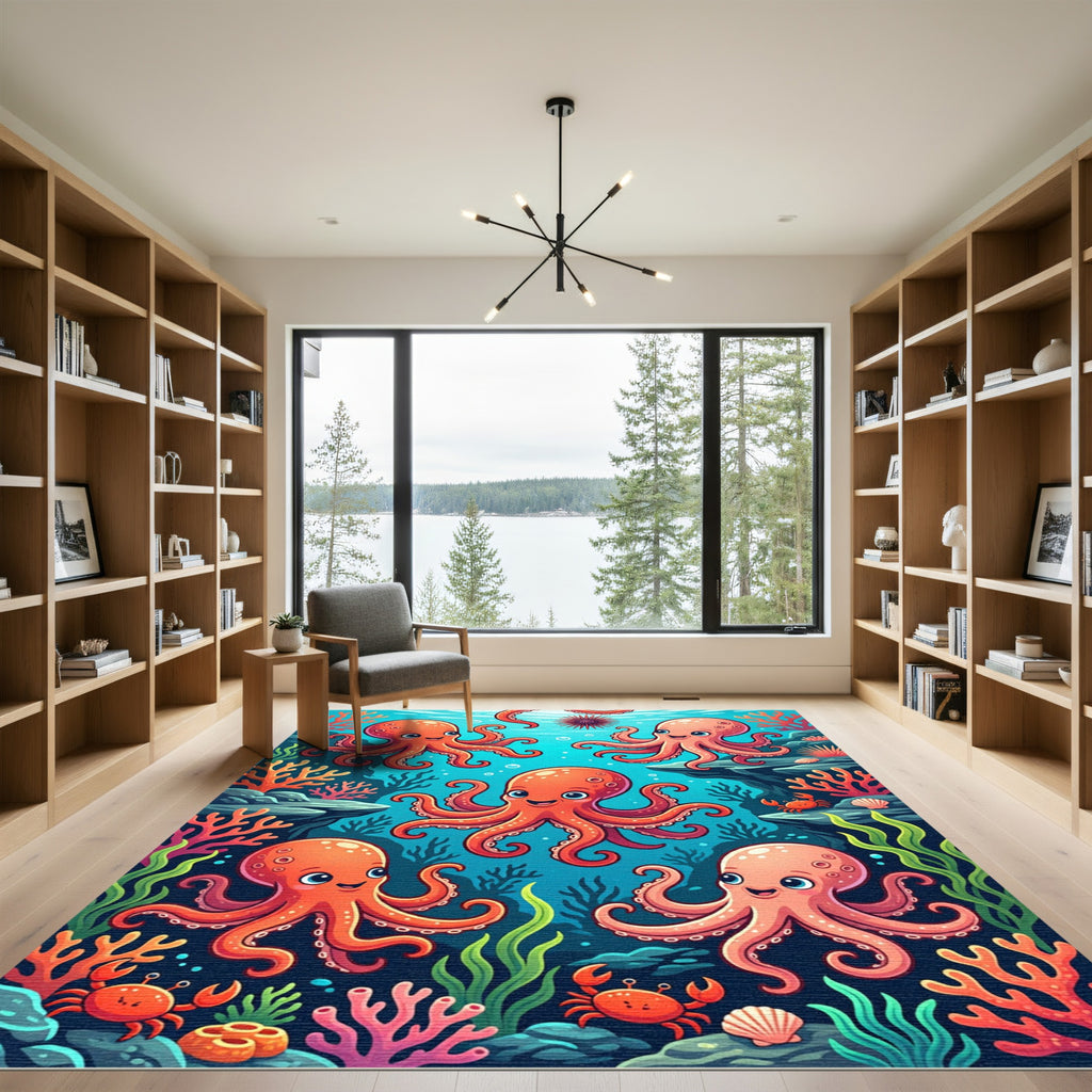 Playful Orange Octopus Coral Reef Rug
