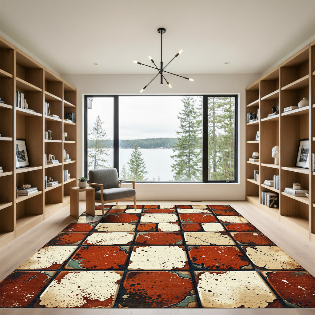 Distressed Terracotta Cream Mosaic Tile Rug