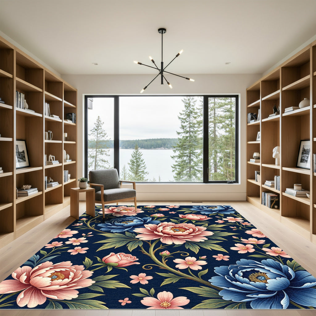 Elegant Navy Blue Peony Floral Tapestry Rug