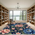 Elegant Navy Blue Peony Floral Tapestry Rug