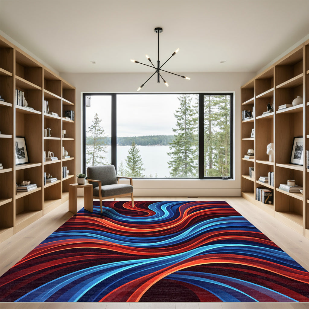 Fluid Crimson and Azure Abstract Swirls Rug