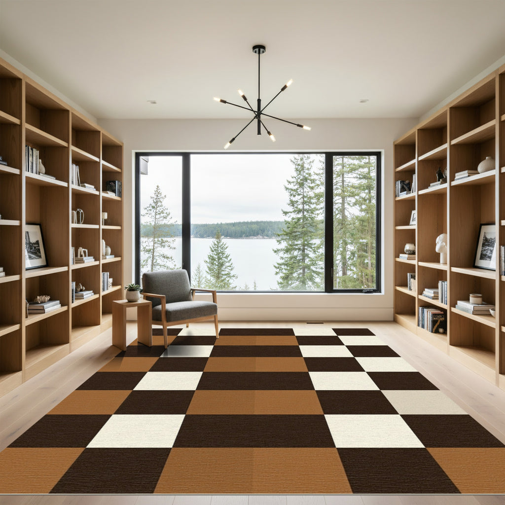 Modern Brown and Cream Geometric Check Rug
