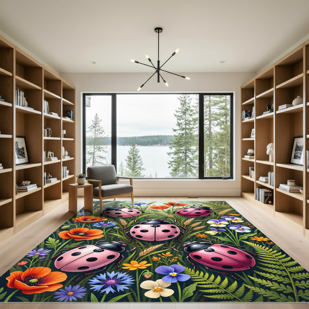 Pink Ladybugs Among Wildflowers Rug