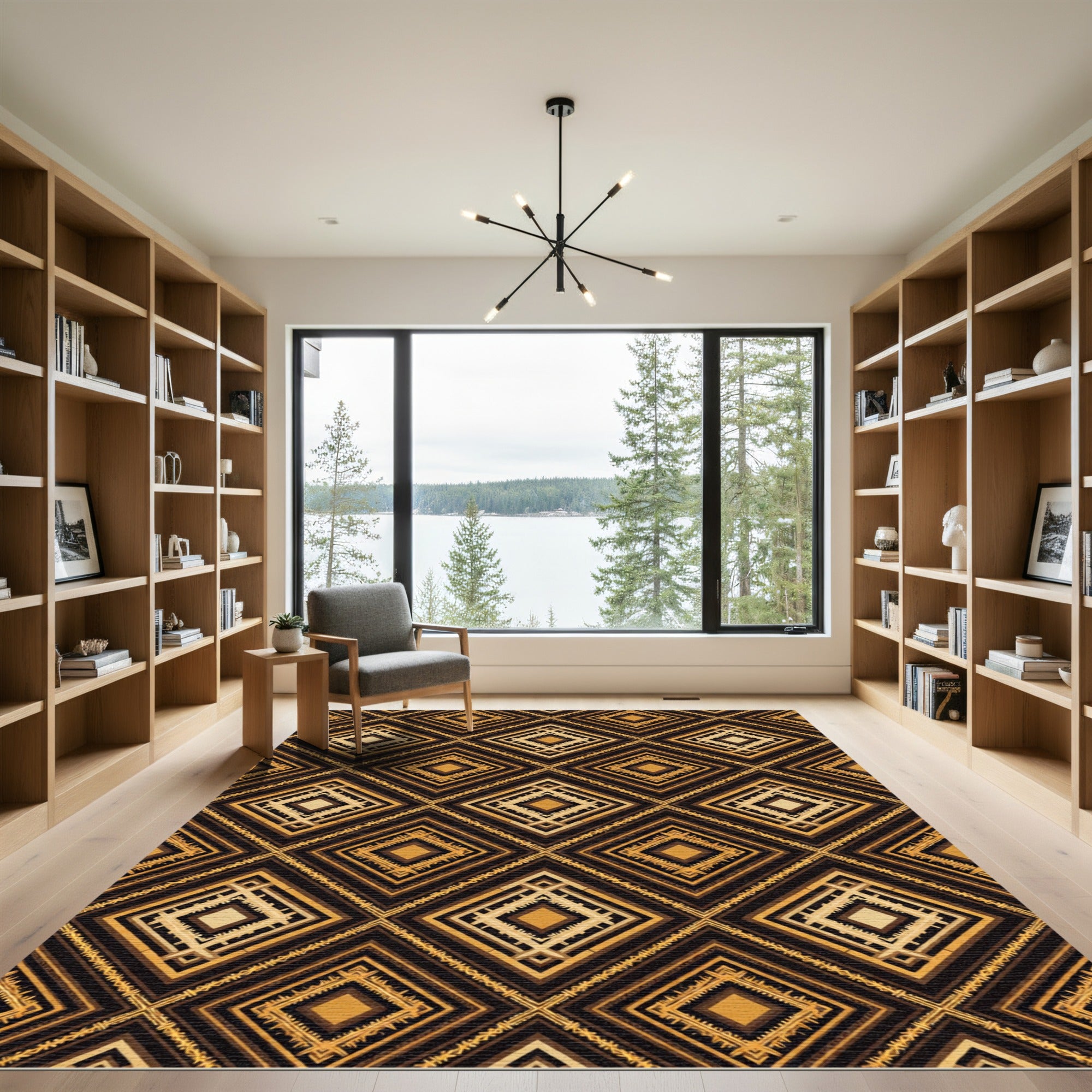 Golden Brown Art Deco Diamond Pattern Rug