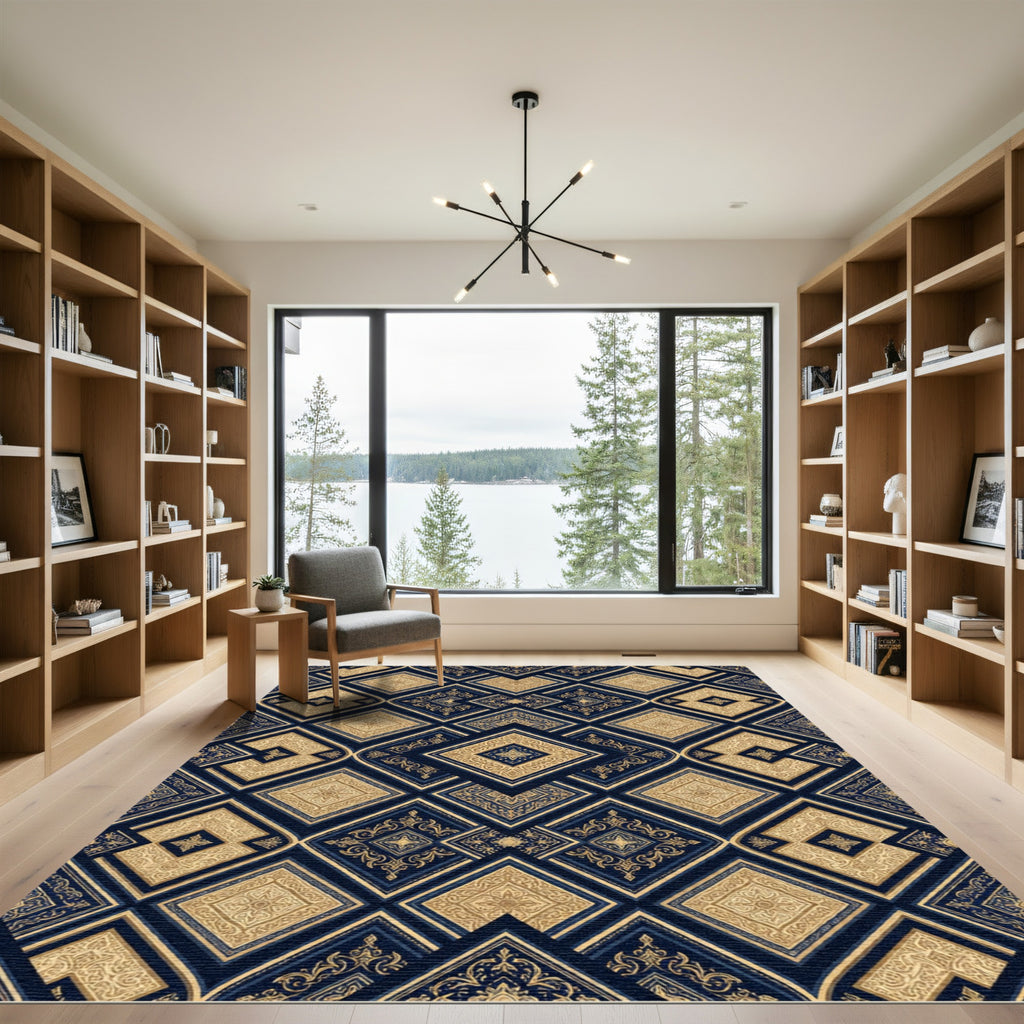 Golden Navy Medallion Diamond Composition Rug