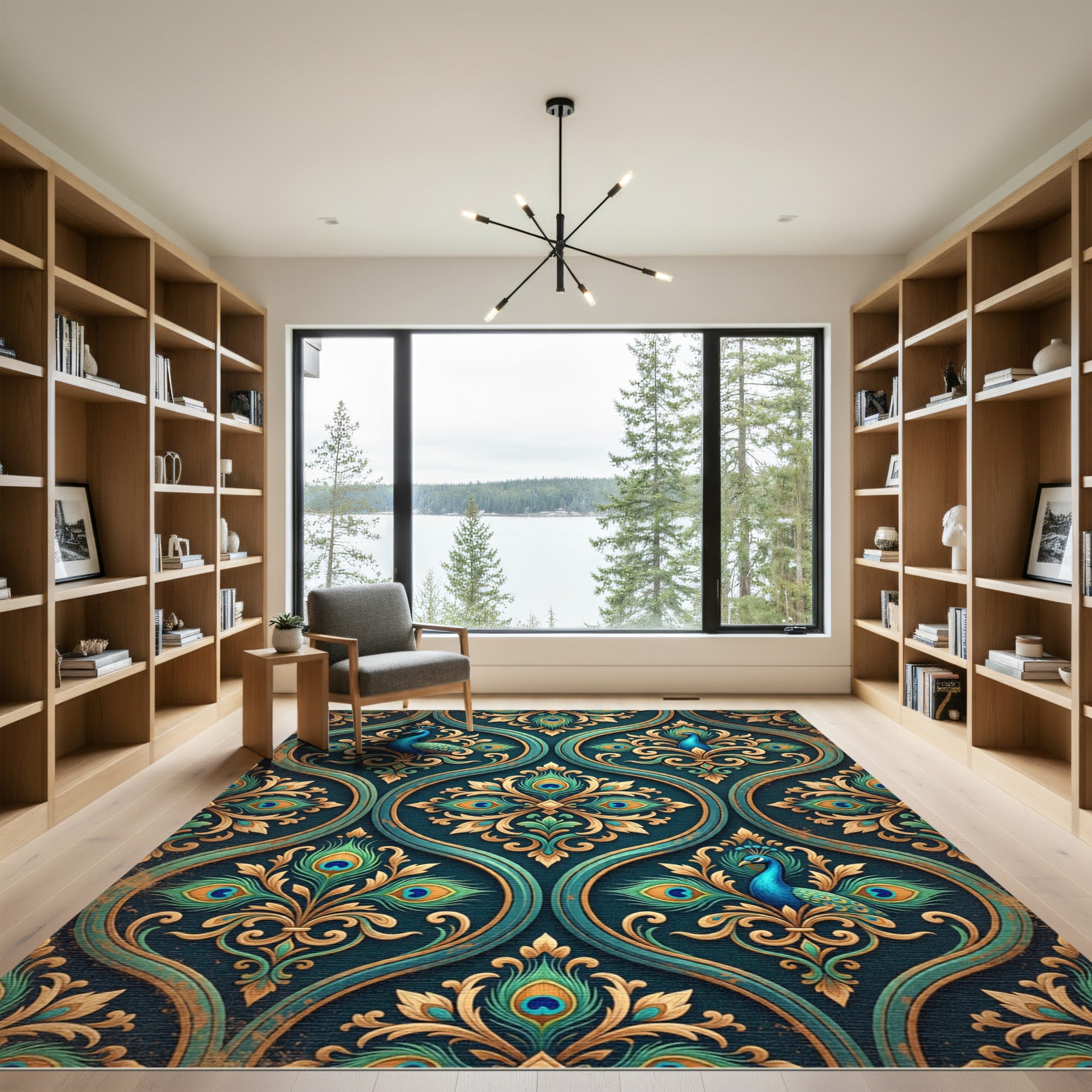 Peacock Teal Gold Ornate Floral Rug