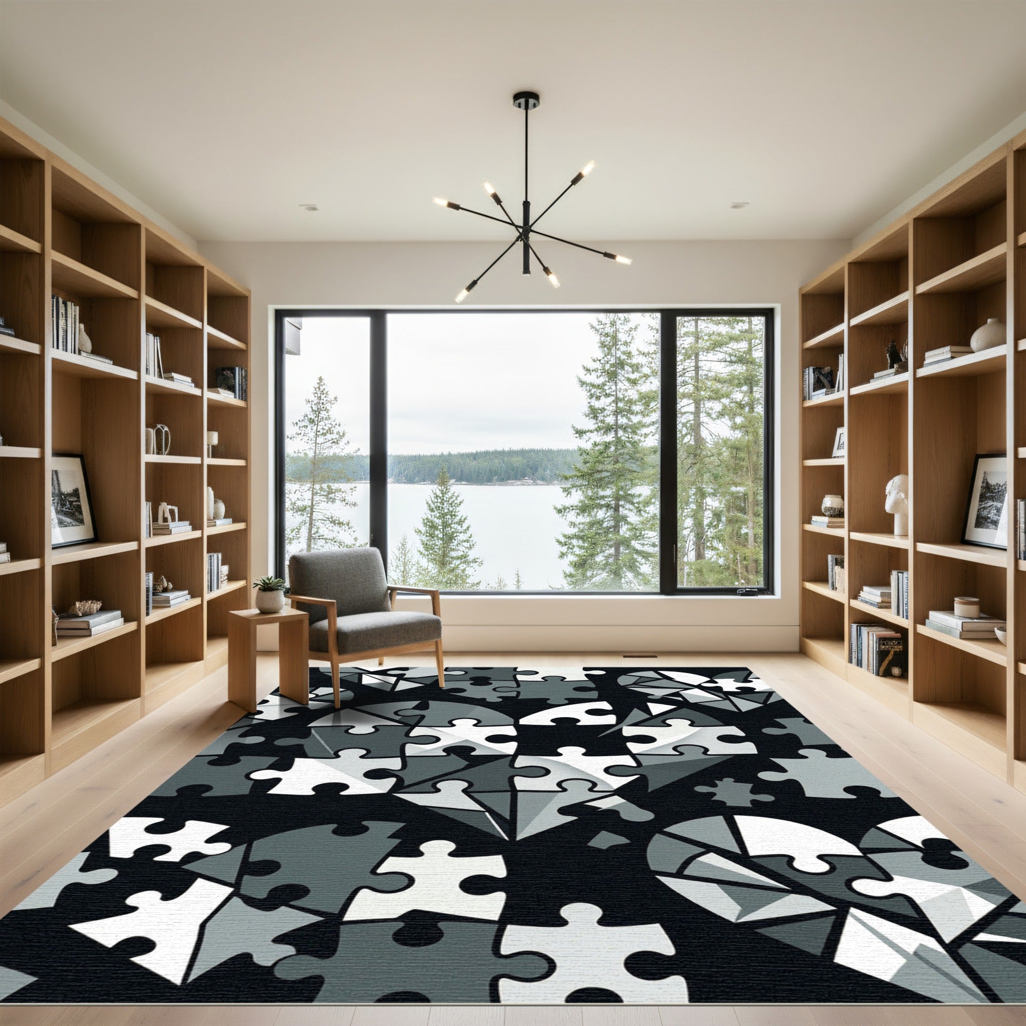 Monochrome Heart Puzzle Geometric Art Rug